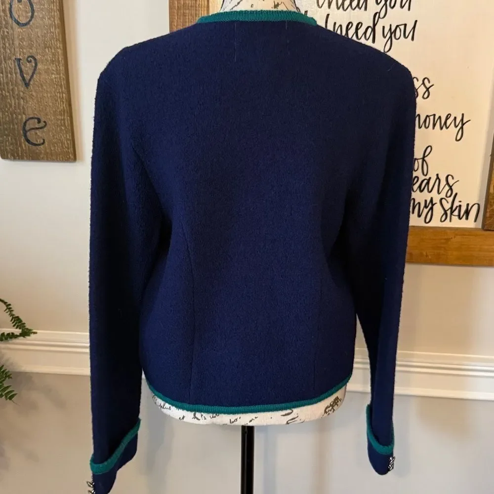 Vintage Tally-Ho 100% Wool Cardigan Sweater in navy blue with green trim